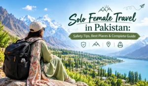 Solo female travel in Pakistan with a woman exploring the scenic northern mountains and valley